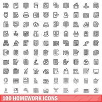 100 devoirs Icônes ensemble, contour style vecteur