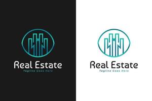 logo immobilier en dégradé bleu et vert avec style de ligne. modèle de conception de logo de construction, d'architecture ou de bâtiment vecteur