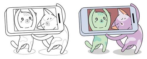 Les chats prennent une photo via la page de coloriage de dessin animé de téléphone intelligent vecteur