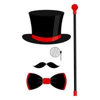 chapeau haut de forme noir, nœud papillon, monocle et moustache. illustration vectorielle à la mode sur fond blanc pour carte-cadeau, certificat, bannière, logo.