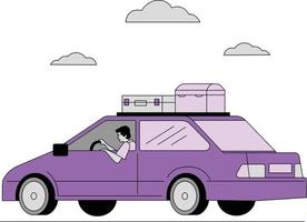 voiture sur le route . illustration de une homme avec les valises sur le toit de une violet voiture vecteur