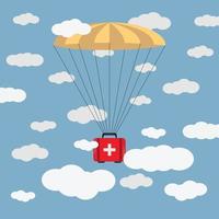 aide humanitaire. la cargaison médicale descend dans des endroits difficiles d'accès avec un parachute. illustration plate vecteur