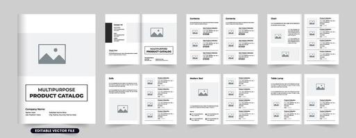 Facile meubles catalogue modèle vecteur avec photo espaces réservés. entreprise produit vente magazine disposition conception avec foncé couleurs sur blanc arrière-plans. moderne polyvalent affaires catalogue vecteur.