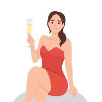 mignonne sexy caucasien femme asseoir portant robe avec Champagne verre vecteur