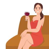 Jeune content souriant femme grillage avec du vin verre vecteur