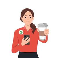 femme en portant téléphone et café prendre une façon tasse dans un main. femme commande café en ligne avec sa téléphone. vecteur