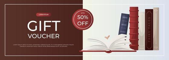 promo cadeau bon bannière en train de lire ouvert énorme livre avec cœur, en train de lire empiler de livres. monde livre journée. librairie, librairie, bibliothèque, livre amoureux, bibliophile, éducation. pour affiche, couverture vecteur