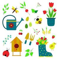 ensemble de printemps jardinage outils, insectes, les plantes. vecteur illustration de éléments ou Icônes pour jardinage et agriculture. plat dessin animé style.