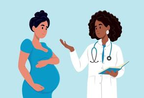 une femme attendant une bébé visites le médecins bureau, examen pendant grossesse. une Enceinte femme est parlant à un obstétricien gynécologue. consultation et examen pendant grossesse concept. vecteur