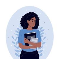 content musulman fille étudiant avec livre. vecteur illustration dans mignonne dessin animé style.