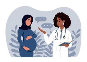 musulman femme attendant une bébé visites le médecins bureau, examen pendant grossesse. une Enceinte femme est parlant à un obstétricien gynécologue. vecteur