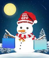 bonhomme de neige avec sac en papier shopping vente d & # 39; hiver vecteur