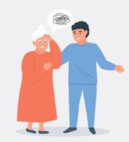 un personnes âgées femme souffre de migraine, confusion, Mémoire perte, démence. infirmière, bénévole aide. mental liés à l'âge maladies. vecteur plat graphique.