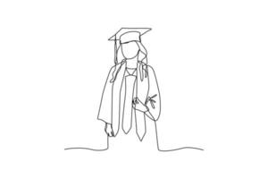 continu un ligne dessin content Masculin ou femelle étudiant en utilisant l'obtention du diplôme robes et casquettes. l'obtention du diplôme concept. Célibataire ligne dessiner conception vecteur graphique illustration.