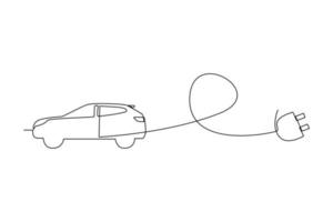 continu un ligne dessin électrique voiture avec brancher. électrique voiture concept. Célibataire ligne dessiner conception vecteur graphique illustration.