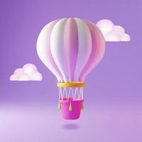 3d chaud air ballon en volant entre des nuages dans le ciel pâte à modeler dessin animé style Voyage concept. vecteur illustration