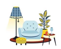 moderne vivant chambre. Accueil meubles. confortable maison intérieur. fauteuil, maison végétaux, café les tables, lampe dans confortable maison intérieur. branché intérieur modèle. vecteur plat dessin animé illustration