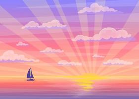 dessin animé le coucher du soleil ou lever du soleil bateau et océan paysage concept. vecteur