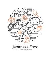 Japon nourriture signe rond conception modèle mince ligne icône bannière. vecteur