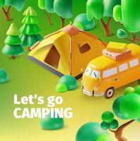 3d nous allons aller camping concept affiche carte pâte à modeler dessin animé style. vecteur