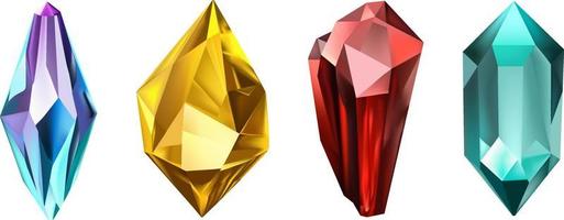une collection de images de diamants de divers géométrique formes, couleurs et tailles.verre brillant cristaux avec différent nuances reflétant lumière.vecteur réaliste ensemble de lueur gemme ou coloré glace. vecteur