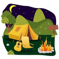 camping concept art. plat style illustration de magnifique paysage, montagnes, forêt, tente, et une feu de camp. conception pour bannière, affiche, site Internet, emblème, logo et autres. vecteur