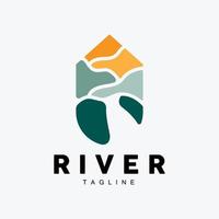 rivière logo, banderole vecteur, rivière banque, montagnes et ferme conception, illustration symbole icône vecteur