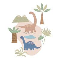 mignonne dinosaures et tropical les plantes vecteur illustrations. dessin animé personnages reptiles. main tiré préhistorique lézard des gamins affiche