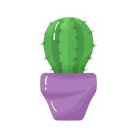 dessin animé mis en pot plante d'appartement - mignonne vert cactus avec pointes dans violet pot. isolé sur blanc Contexte. vecteur