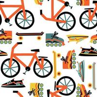 modèle avec Vélos, patin à roulettes, patins et baskets. vecteur illustration dans plat style.