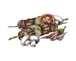 Viande kebab ou shashlik grillé avec légumes, vecteur illustration isolé.
