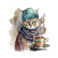 turc chat avec café Coupe. musulman chat avec turban. aquarelle vecteur illustration pour café Maisons. isolé sur blanc Contexte. pouvez être utilisé pour menu