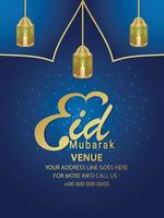 festival islamique eid mubarak invitation fête flyer avec lanterne de vecteur sur fond bleu