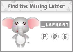 jeu d'orthographe éducatif pour les enfants qui trouve une lettre manquante avec un éléphant vecteur