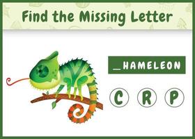 jeu d'orthographe éducatif pour les enfants qui trouve une lettre manquante avec un caméléon vecteur