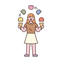 une femme jongle avec de la glace. illustration vectorielle minimale de style design plat. vecteur