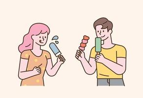 les gens qui mangent des bâtons de crème glacée. illustration vectorielle minimale de style design plat. vecteur