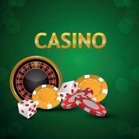 Jeu de casino avec jetons de casino, roue de roulette avec dés sur fond vert vecteur