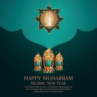Bonne carte de voeux de célébration de muharram avec des lanternes d'or sur fond de motif vecteur