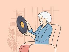 souriant personnes âgées femme se détendre à Accueil Ecoutez à vinyle. content mature grand-mère prendre plaisir rétro musique. loisir et loisirs. vecteur illustration.