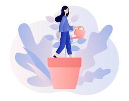 personnel croissance concept. minuscule femme dans pot de fleur arrosage se. métaphore croissance personnalité comme plante. l'amélioration personnelle et soi développement. moderne plat dessin animé style. vecteur illustration