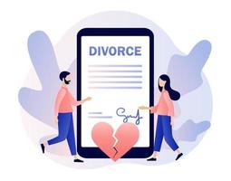 divorce concept. minuscule gens relation rompre. mari et épouse signe accord divorce document et propriété division dans téléphone intelligent application. cassé cœur. moderne plat dessin animé style. vecteur illustration