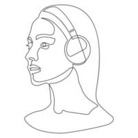 un continu Célibataire tiré ligne art griffonnage casque de musique fille, musique, diriger, beau, beauté, femme, cheveux, son, portrait, affronter, femme, l'audio écouteur isolé image main dessiné. vecteur