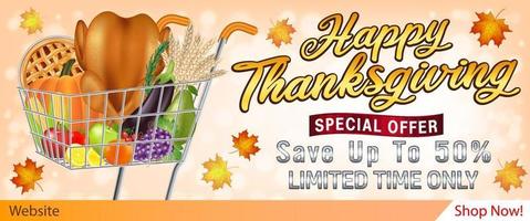 bannière de vente joyeux thanksgiving avec des aliments et des fruits dans le panier vecteur