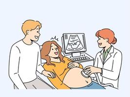 content Enceinte couple avoir ultrason dans clinique. souriant futur Parents sur vérification avec médecin dans hôpital. grossesse et parentalité. vecteur illustration.