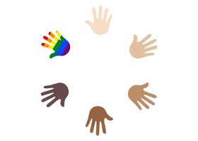 Humain mains avec différent peau couleurs former. non racisme. social inclusion. nous sont tout égal. lgbt vecteur