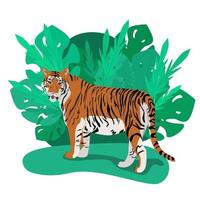 tigre debout parmi d'épaisses feuilles de palmier vecteur