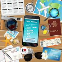 application de réservation de vol en ligne avec de nombreux objets de voyage vecteur
