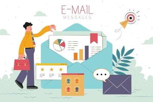 email messages concept plat conception avec homme d'affaire visualisation un ouvert enveloppe, en relation Icônes flottant dans le air vecteur