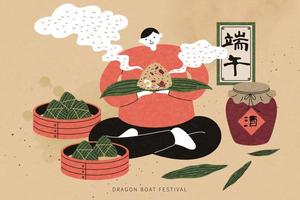 garçon séance traverser pattes sur le sol et en portant chaud à la vapeur riz boulette, dragon bateau Festival et du vin écrit dans chinois calligraphie vecteur